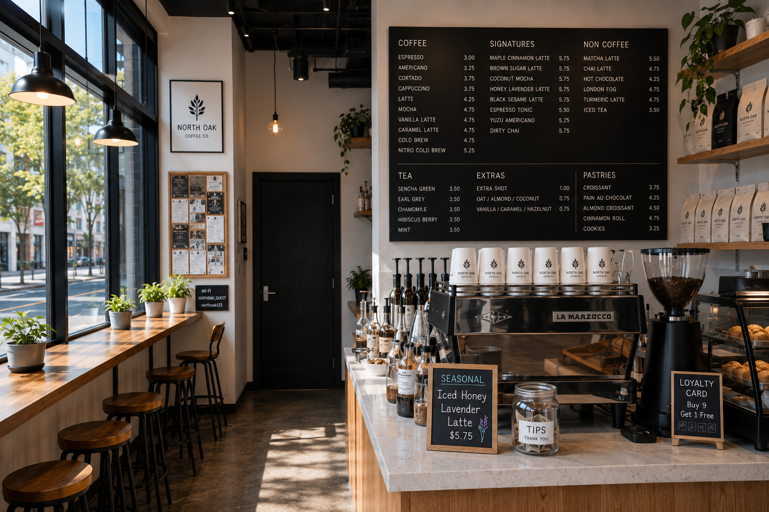 Modern neighborhood café interior with espresso bar, chalk menu, and street-facing windows