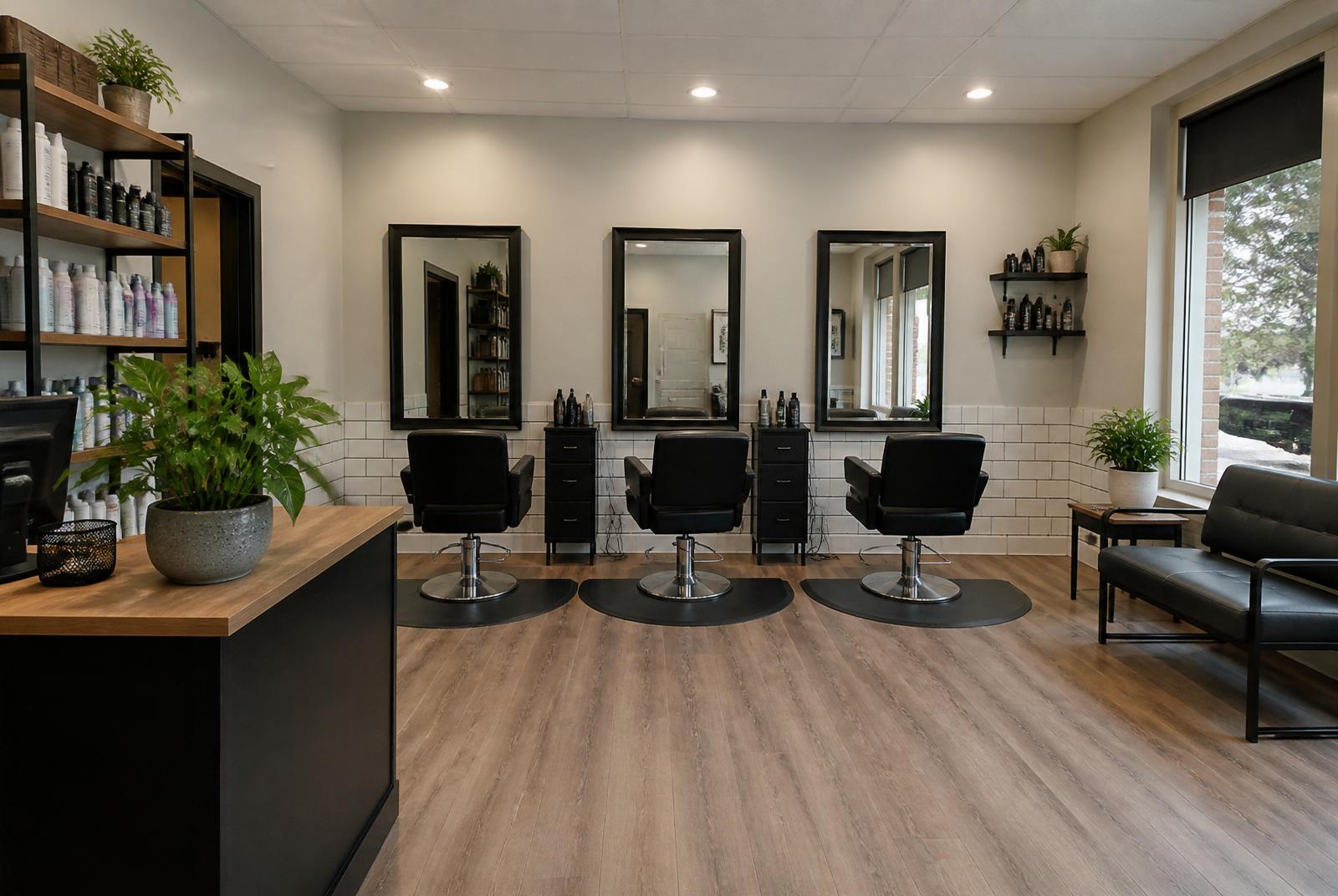 Luxury nail salon interior with velvet chairs and marble stations